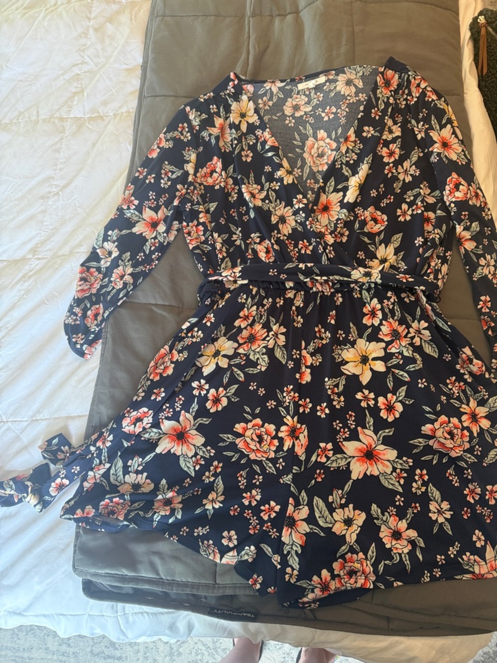 Maurices Navy Floral Wrap Romper with Pink & Cream Flowers - Picture 4 of 8